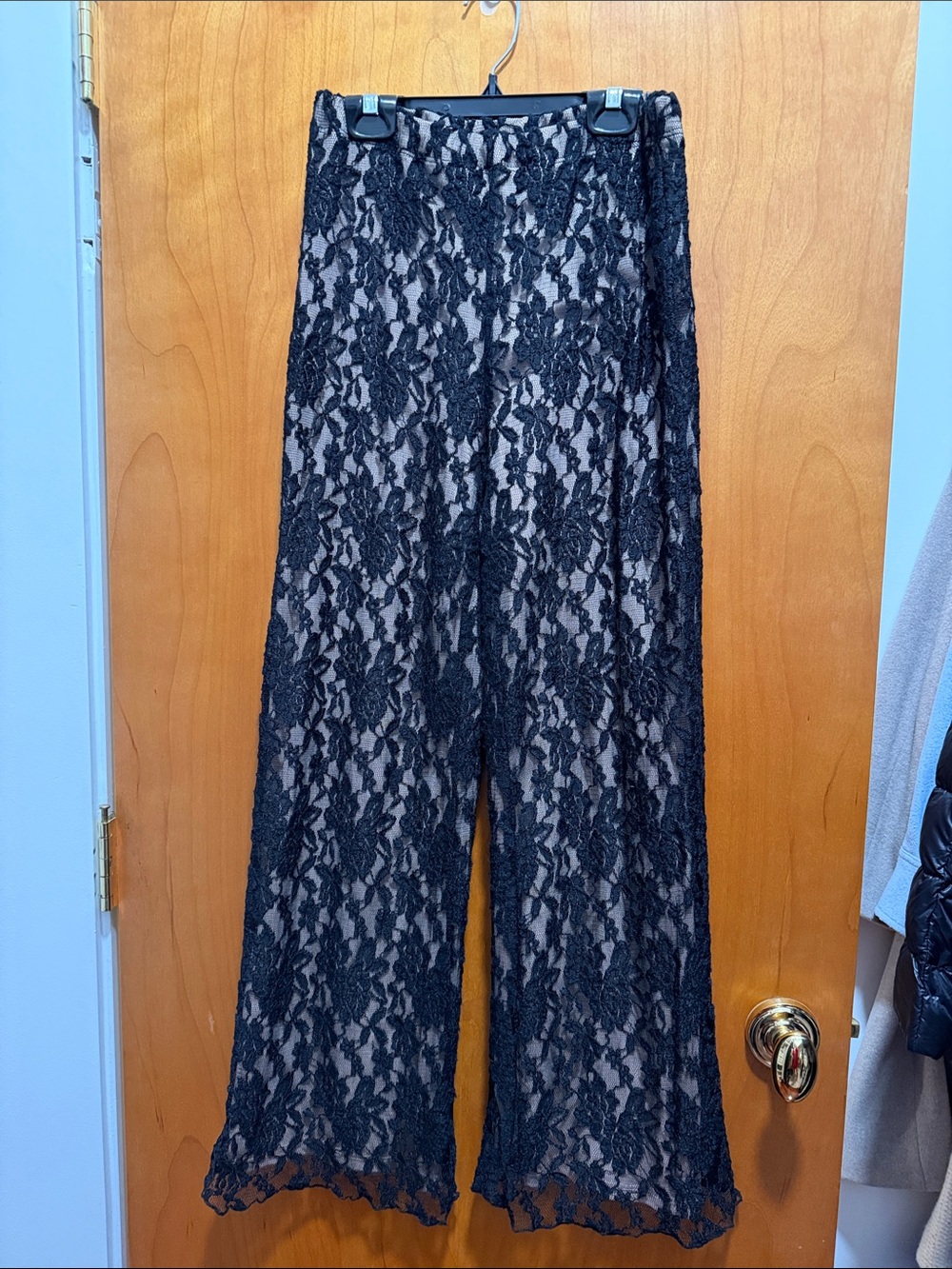 Boston Proper Black Floral Lace Wide-Leg Pants with Nude Lining